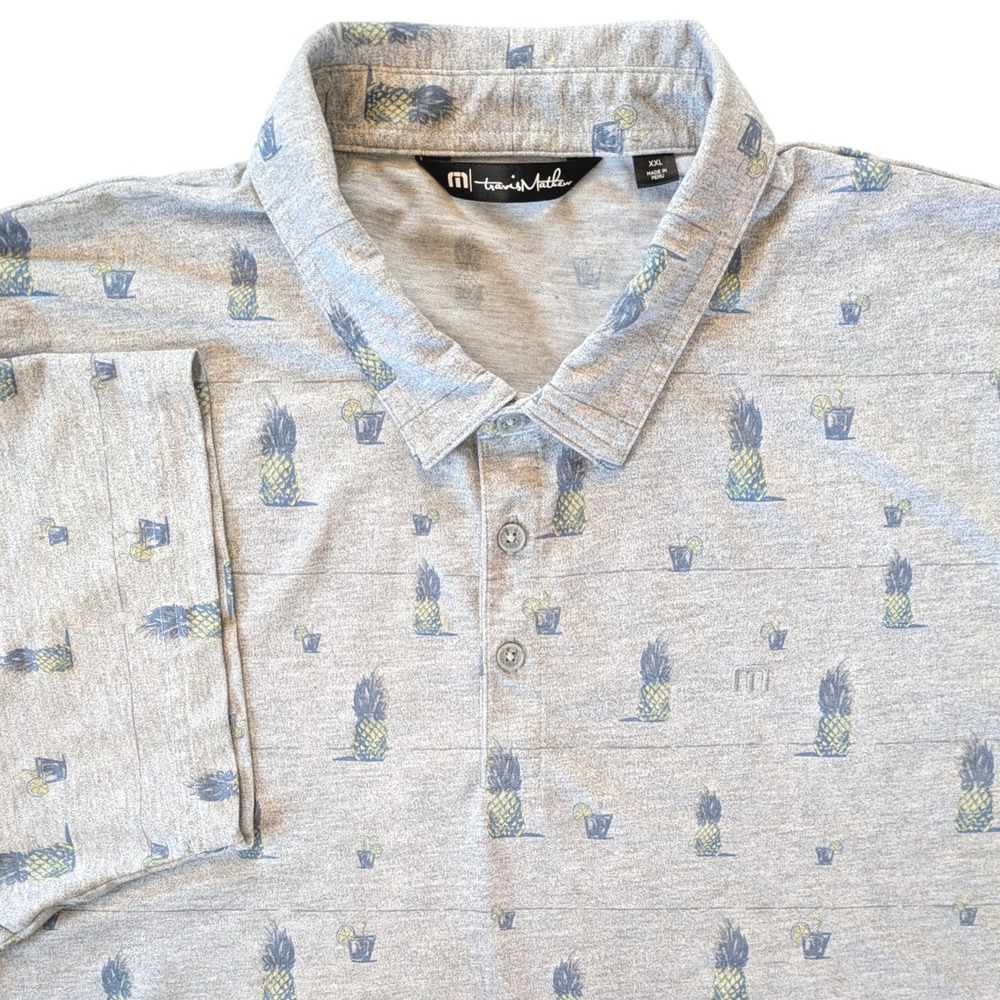 TravisMathew Mens XXL Gray Pineapple Cocktail Print Performance Golf Polo Shirt